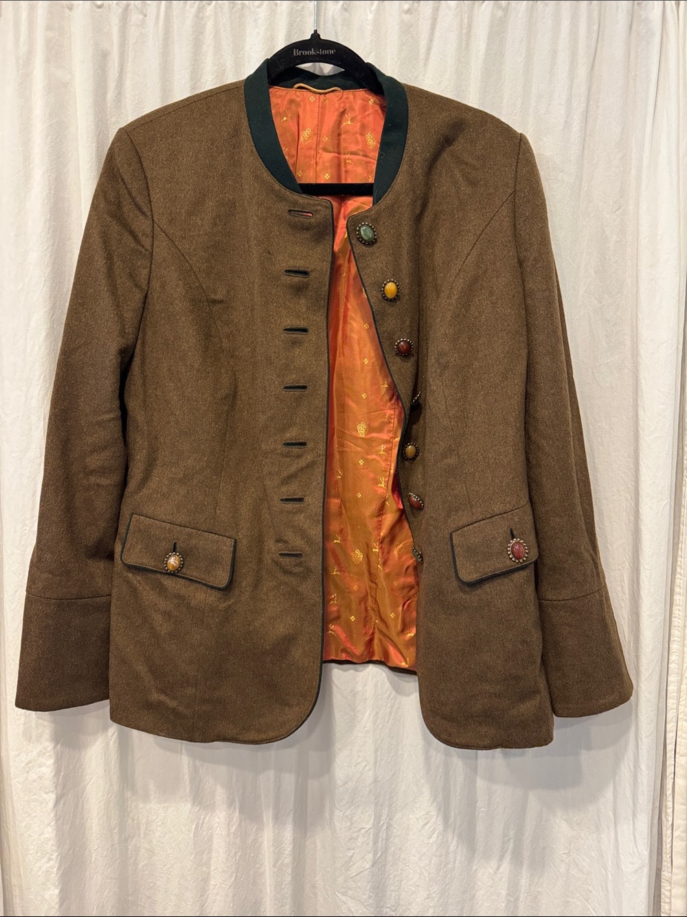 Womens Brown Wool-Blend Button Jacket with Orange Lining by Distler Germany